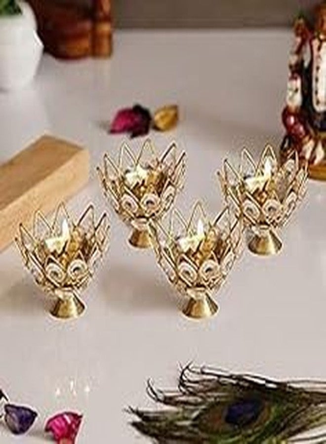 Copperika Golden Brass Crystal Lotus Kamal Shape Round Akhand Diya (Pack of 4 - Size L / W 3 Inc & H - 2.1 Inc) Jyoti Oil Lamp for Home Puja Pooja Temple Mandir Diwali Decoration Items - Image 4